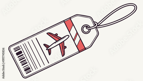 An illustrated airplane boarding pass with a red airplane on a ticket tag with a barcode and striped pattern from a top view