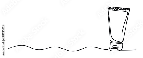 Single continuous line drawing depicting a squeeze tube for cosmetics or art supplies placed on a flowing wave, ideal for minimalist packaging, beauty product promotions, or creative