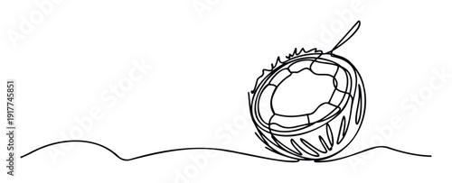 Minimalist continuous line drawing of a refreshing coconut drink with a straw on a subtle wavy ground, perfect for tropical vacation branding and summer refreshment promotions.