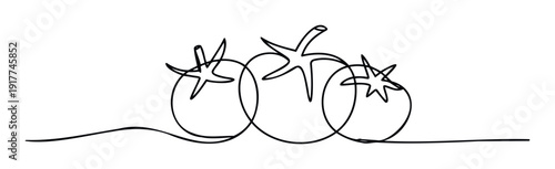 Simple black outline illustration of three raw tomatoes in a continuous stroke style, suitable for vegetarian menu designs, fresh produce labels, or cooking blogs.