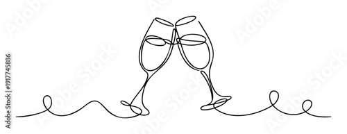 Elegant continuous line drawing of two champagne flutes clinking for a festive toast, perfect for wedding stationery, anniversary celebrations, or New Year holiday party announcements.