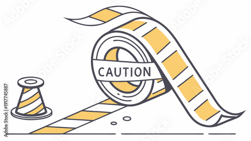 Caution tape illustration with spool on a surface viewed from above in a graphic design context