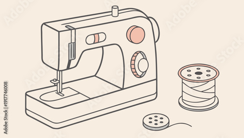 Sewing machine and thread depicted in a simple line drawing from a slightly elevated viewpoint