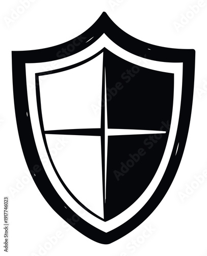 Hand drawn black and white shield emblem symbolizing protection, security, and strength, useful for business logos, app icons, and cybersecurity graphics.