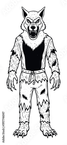 Werewolf monster with menacing expression and sharp claws wearing tattered clothes, perfect for horror themed events, Halloween decorations, or graphic novel illustrations.