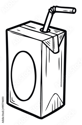 Simple black outline drawing of a classic juice box with a straw, perfect for childrens menu graphics, food and drink packaging concepts, or healthy snack promotions.
