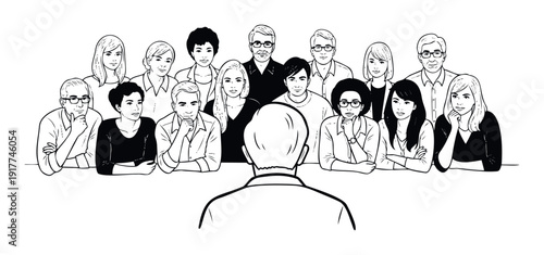 A diverse group of attentive men and women, including Black and Asian individuals, listens intently to a speaker in a business meeting setting, ideal for conveying collaboration and