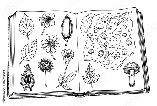 Open book displaying detailed black and white handdrawn botanical illustrations and a natural landscape map, perfect for nature study and educational content.