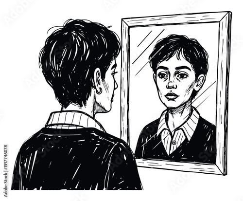 Person looking at their reflection in a mirror exploring themes of selfperception and identity suitable for conceptual and psychological visual projects