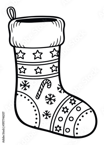 Outline drawing of a festive Christmas stocking with winter holiday decorations like snowflakes stars and a candy cane perfect for coloring books or seasonal craft projects