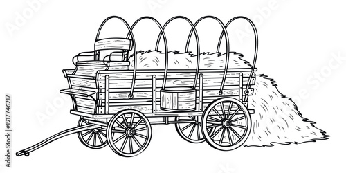 A vintage wooden wagon with hay inside and spilling out, featuring a drivers seat and arched supports, perfect for historical farming, transportation, or agricultural projects.