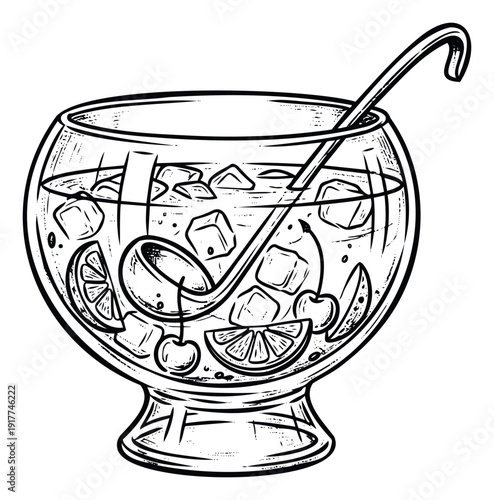 Classic hand drawn punch bowl with refreshing beverage, ice cubes, and fruit slices, perfect for vintage recipe books, party invitations, or summer drink menus.