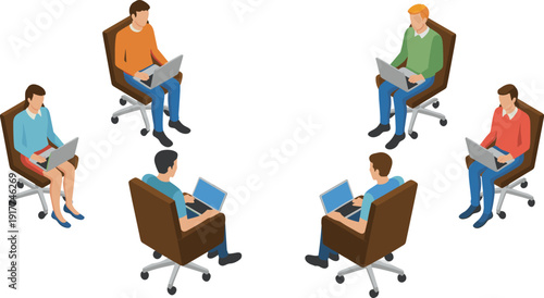 Isometric illustration of virtual team discussion with professionals using laptops in remote online meeting and digital collaboration concept