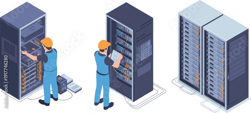 Isometric IT engineers installing and maintaining server racks in data center network infrastructure hardware illustration concept,