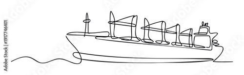 Continuous line drawing of a large cargo ship floating on the sea, depicting global trade and maritime logistics suitable for commercial websites, educational materials, and transportation