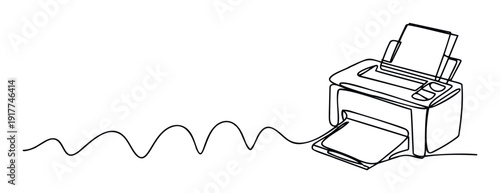 Dynamic continuous line drawing of a modern office printer processing documents, excellent for technologyfocused business presentations, communication media, and stationery branding.