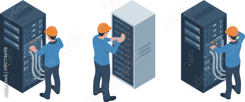Isometric IT technician maintaining server racks in data center network infrastructure hardware support illustration concept,