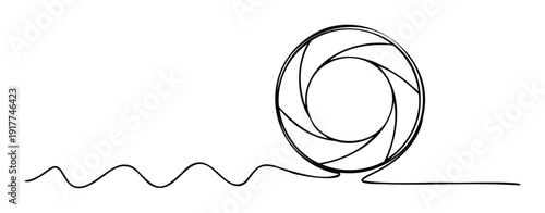 Abstract graphic featuring a continuous wavy line flowing into a stylized camera diaphragm perfect for visual communication in media and technology related presentations