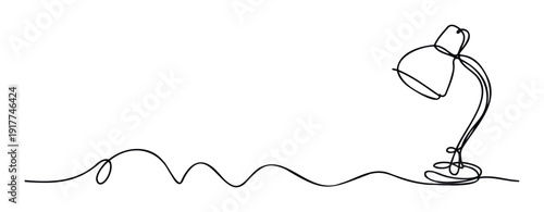 Minimalist one line drawing of a desk lamp with a continuous wavy cable creating a modern aesthetic for various office or study related media projects.