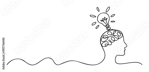 Simple continuous line graphic of a human head profile with an illuminating light bulb above, ideal for symbolizing breakthrough ideas, creative thinking, problem solving, or mental clarity