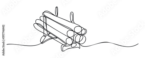 Continuous line drawing illustrating stacked wooden logs or industrial pipes on a simple rack, perfect for construction industry presentations, architectural concept visuals, or modern