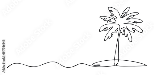 Minimalist continuous line drawing of a tropical palm tree on an island with ocean waves, perfect for travel promotions, vacation advertisements, or summer themed graphic templates