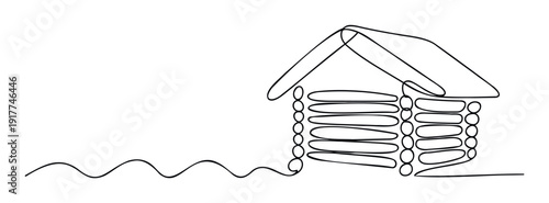 Continuous line drawing of a rustic wooden cabin house featuring a simple roof and wavy ground for architecture, home, and real estate visuals.