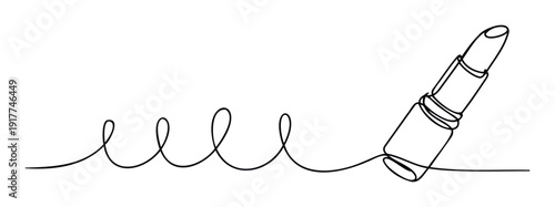 Continuous line drawing of a sleek lipstick creating elegant playful loops, perfect for modern cosmetic packaging, feminine care blogs, beauty product branding, and engaging marketing