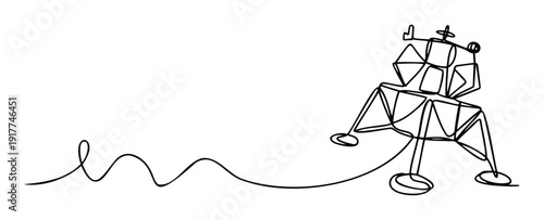 Continuous line drawing of a lunar lander connected by a winding path symbolizing space exploration and discovery perfect for science technology and innovation themed projects.