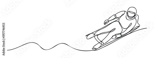 Minimalist continuous line drawing of a winter sports athlete speeding down a track on a sled, ideal for sports event branding, educational content about winter activities, or promotional