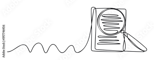 Continuous line drawing of a document being examined by a magnifying glass symbolizing thorough research analysis and discovery perfect for business education or scientific projects