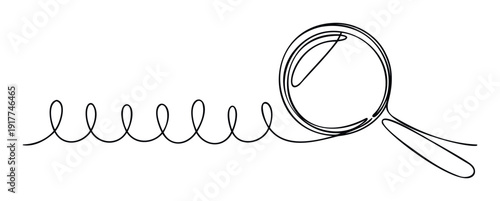 Sleek one line art depicting a continuous wavy path culminating in a magnifying glass, symbolizing discovery, exploration, and meticulous research, ideal for educational resources, business