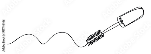 Minimalist continuous line drawing of a mascara wand creating a smooth wavy stroke, ideal for cosmetic product branding, beauty industry graphics, or simple elegant web elements
