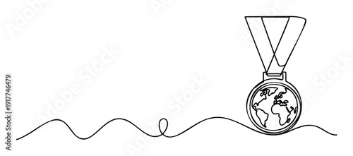 Continuous line drawing of a medal featuring a world globe, symbolizing global achievement and unity, perfect for educational materials, international event promotions, or inspiring