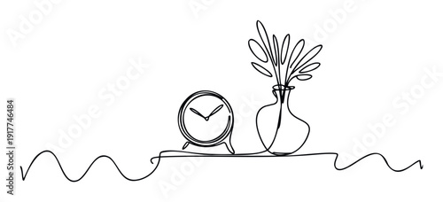 Minimalist continuous line drawing of a desk clock and a plant in a vase on a wavy shelf ideal for modern interior design concepts and contemporary decorative graphics