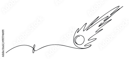 Dynamic single stroke artwork showing a celestial body in motion with a blazing tail, excellent for conveying concepts of speed, trajectory, or cosmic events in various media applications.