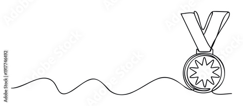 Continuous line drawing of a victory medal with a star design and a flowing ribbon, perfect for sports achievements and success recognition publications