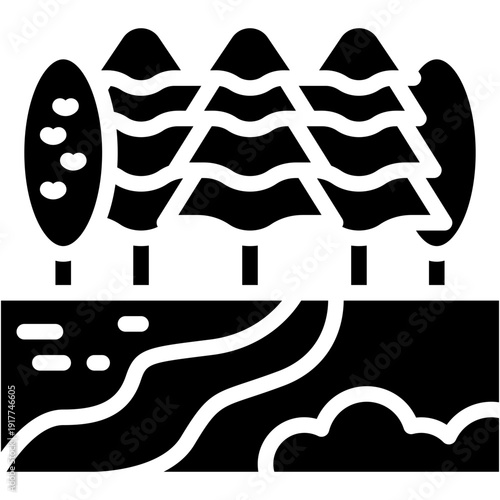 Pine Forest Path near Lake Vector Icon