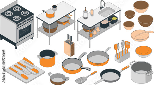 Isometric professional kitchen equipment set with stove cookware utensils and preparation tables illustration collection design,