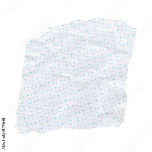 Crumpled White Graph Paper Scrap with Blue Grid Lines and Torn Edges Isolated on Black Background for Math Engineering and Scientific Design Elements