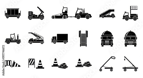 Comprehensive vector icon set illustrating various airport ground support equipment, service vehicles, and operational tools essential for air travel logistics and ground handling