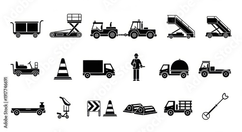 Comprehensive collection of essential airport ground support equipment and vehicles, presented as sleek black silhouette icons for air travel logistics and operational planning