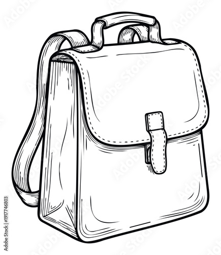 Stylized monochromatic handdrawn backpack with a top handle and shoulder straps featuring a classic buckle flap closure, ideal for education and travelthemed graphics or traditional