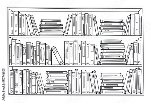 A comprehensive line drawing of a fully stocked bookshelf filled with various upright and stacked books, perfect for educational materials, library themes, or academic presentations.