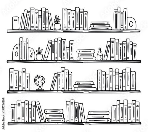 Hand drawn line art illustration of multiple bookshelves filled with various books and decorative objects perfect for educational and reading themed graphic projects