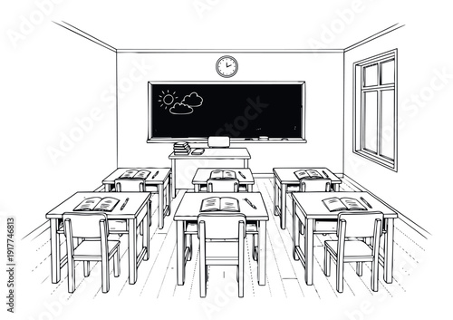 Traditional school classroom interior featuring student desks, chairs, a blackboard with simple drawings, a wall clock, and a window, ideal for academic and educational content.