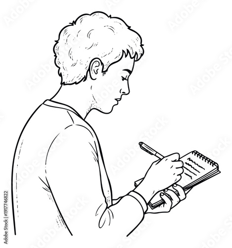 A black and white line drawing portrays a young individual deeply engrossed in writing notes within a spiral notebook using a pen, perfect for various educational, productivity, and content