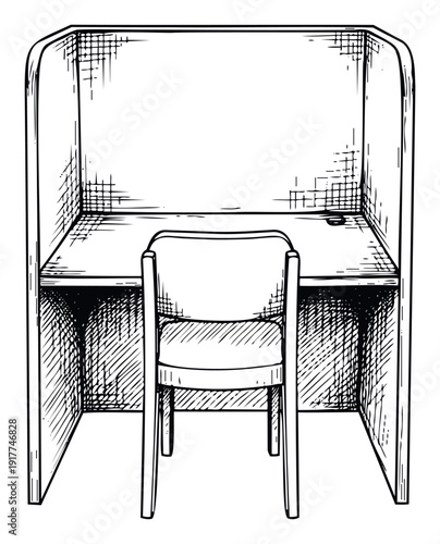 Detailed line drawing of an empty study cubicle with a desk and chair, perfect for educational content, productivity themes, or office environment visuals