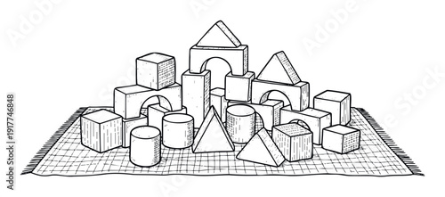 Black and white line drawing of childrens wooden toy building blocks arranged on a blanket, ideal for educational content, childhood themes, and playful stationery designs.