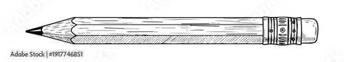 Traditional black outline drawing of a sharpened wooden graphite pencil with an attached eraser, perfect for educational resources, creative projects, and basic office stationery visuals